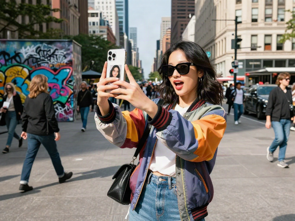 Young woman comparing her selfie to celebrities in urban street, engaging with the "celebrity i look like" concept.