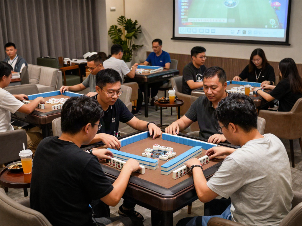Engaged players competing in MahjongJP88 dengan deposit QRIS in a vibrant gaming lounge, showcasing interaction and excitement.