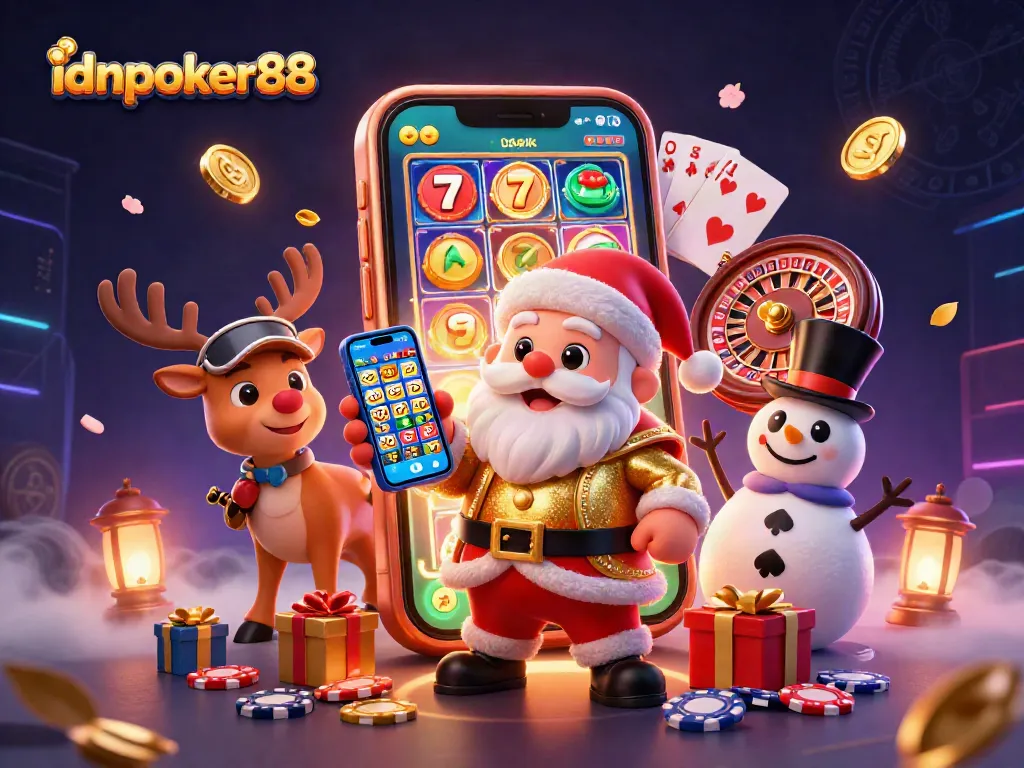 Experience excitement with idnpoker88's dynamic illustration of Santa with jackpot slots and cheerful casino characters.