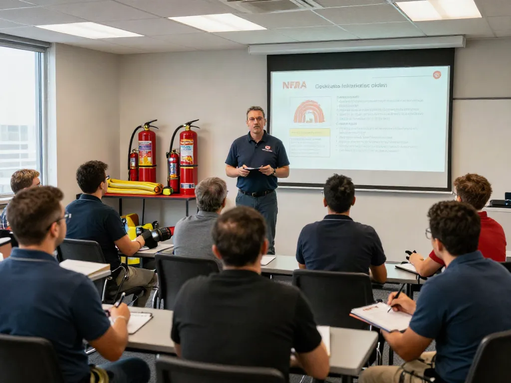 NFPA Certification Training in a professional classroom, with engaged learners and fire safety equipment.