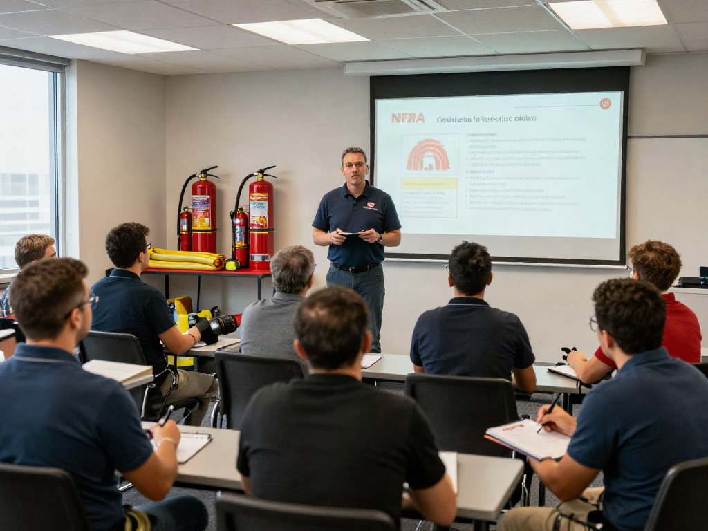NFPA Certification Training in a professional classroom, with engaged learners and fire safety equipment.