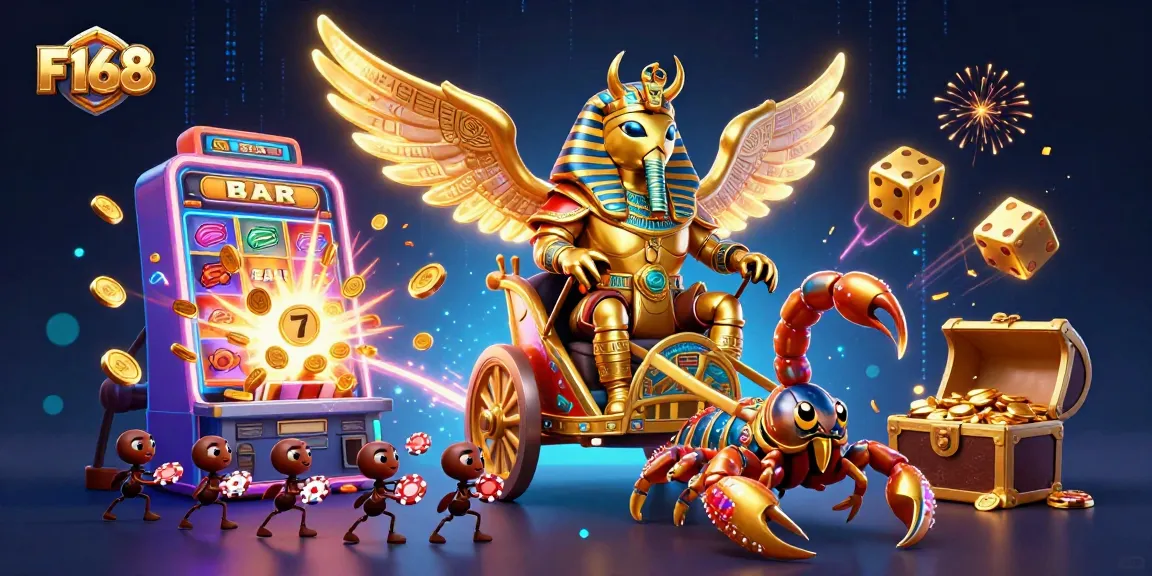 Engage in exciting gameplay at F168 with a dynamic 3D illustration showcasing energetic gambling elements.