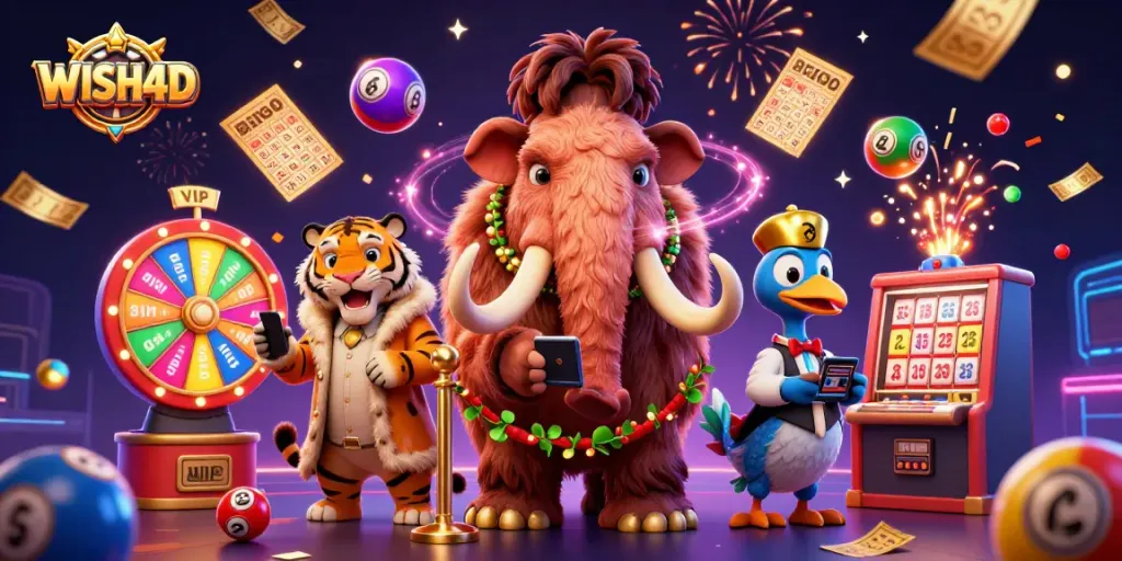 Experience WISH4D’s vibrant gaming scene with lively characters and dynamic casino elements.