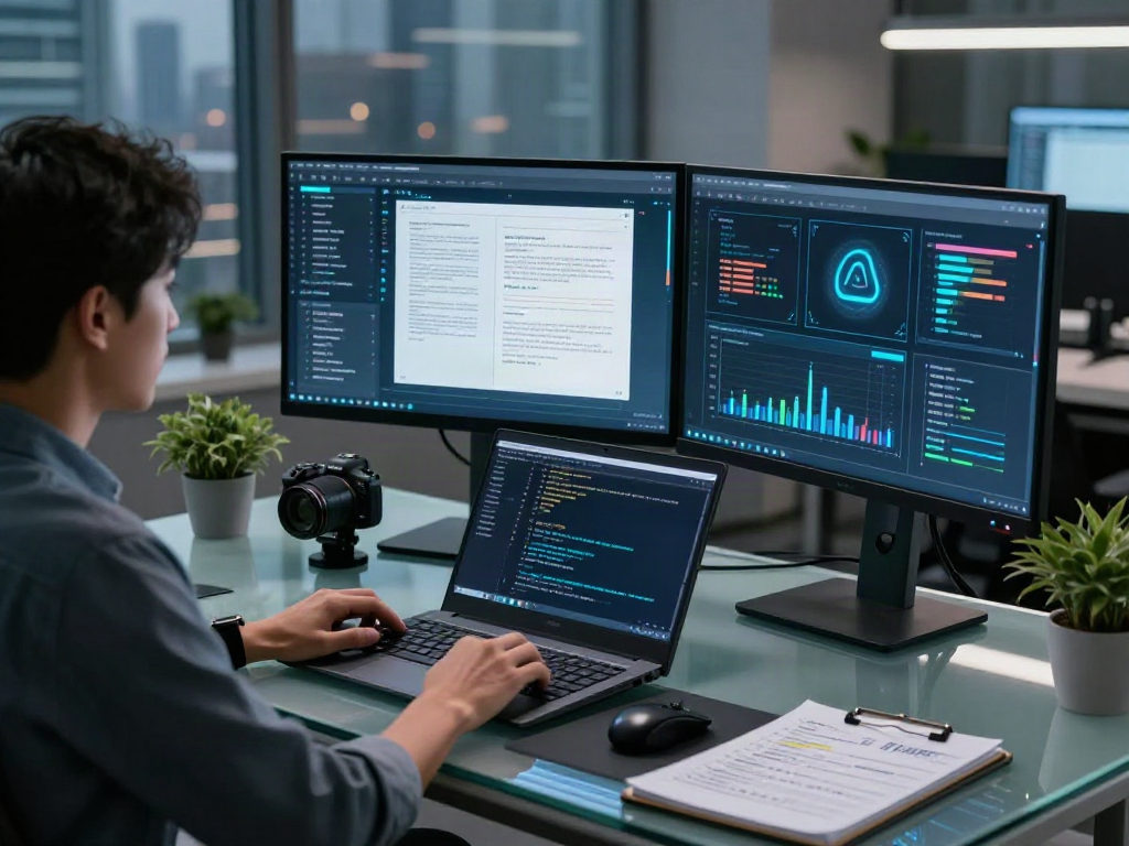 Analyzing document fraud detection software in a high-tech office.
