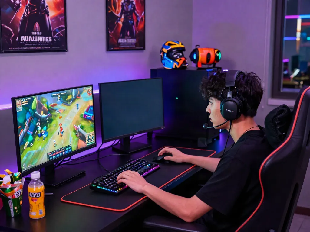 Gamer immersed in QQMacan online game setup surrounded by vibrant gear