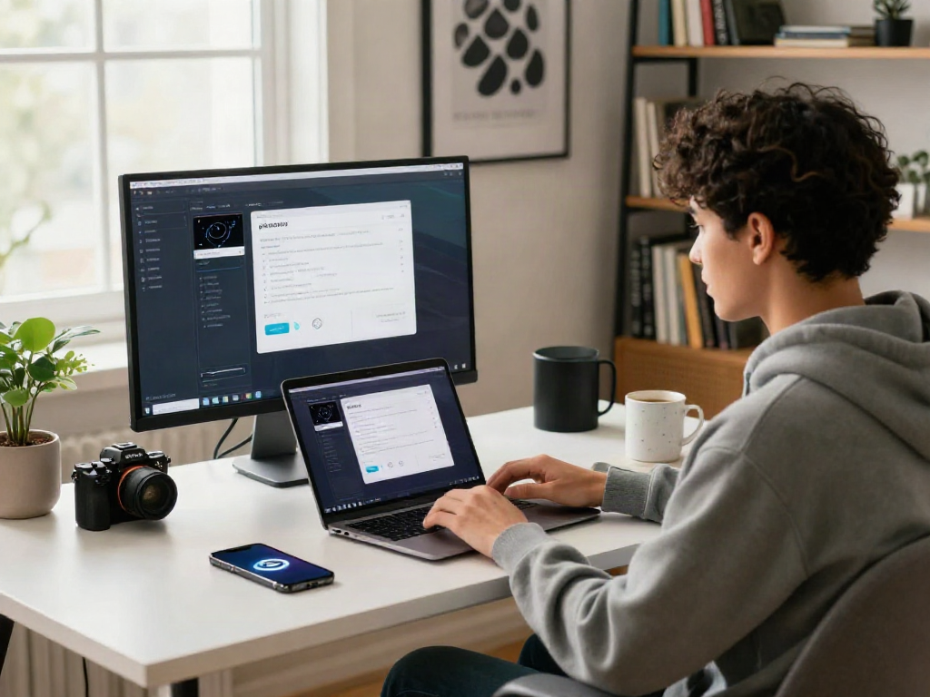 Young professional using a laptop to download the pikashow app in a modern home office.