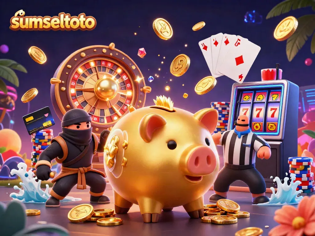 Sumseltoto invades the casino world with an exciting 3D illustration featuring a sumo wrestler money bank and high-stakes action.