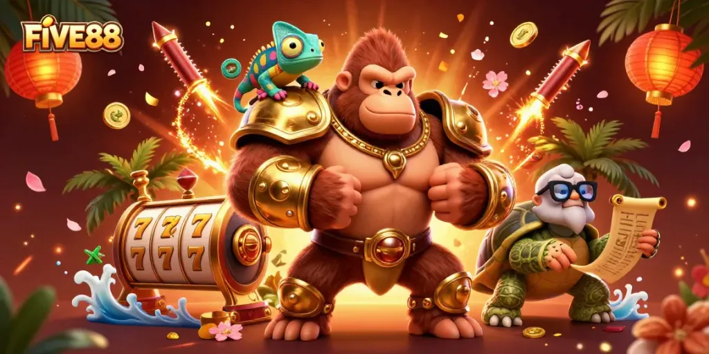 Experience winning at FIVE88 with a vibrant 3D casino scene featuring dynamic elements and characters.