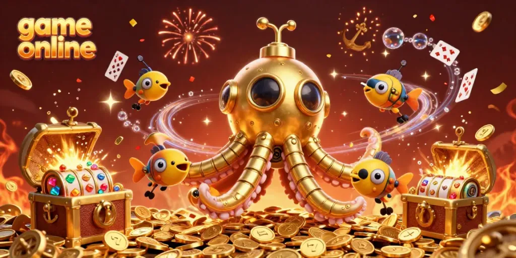 Engage with game online featuring a golden kraken submarine in a treasure-filled cinematic scene.