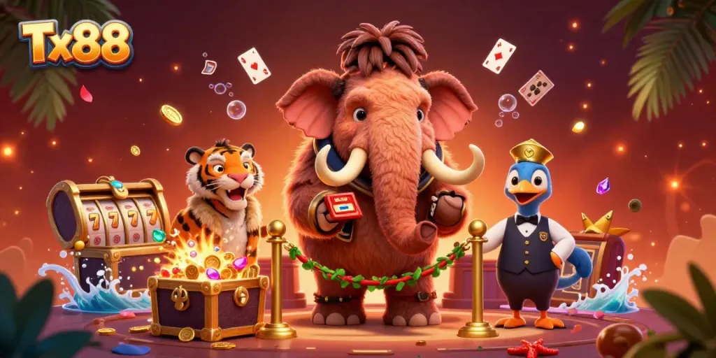 Engage with Tx88 at a vibrant casino featuring a mammoth bouncer, tiger VIP, and dodo doorman.