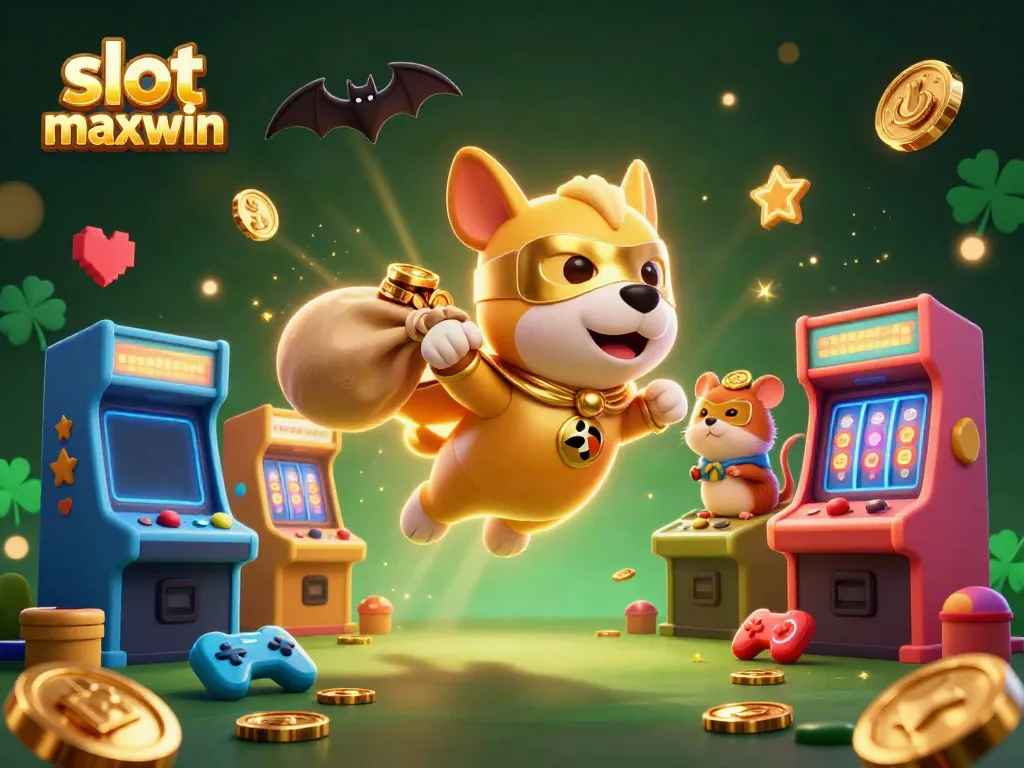 Experience thrill with slot maxwin as a superhero dog and hamster chase gold coins in a vibrant casino world.