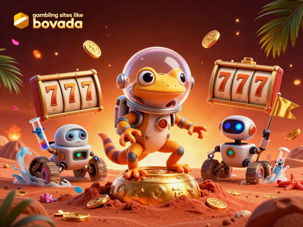 Uncover exciting gambling sites like Bovada, with a Martian gecko in a vibrant casino setting.