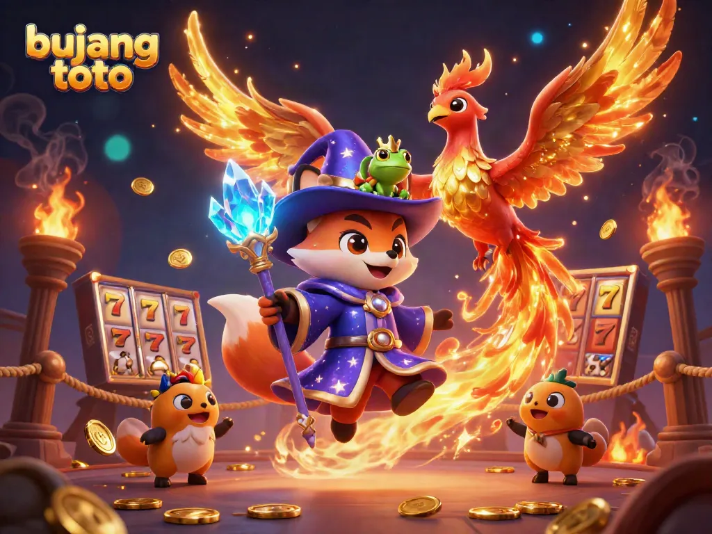 Bujang toto gaming scene featuring a wizard fox, phoenix, slot reels, and golden tokens.