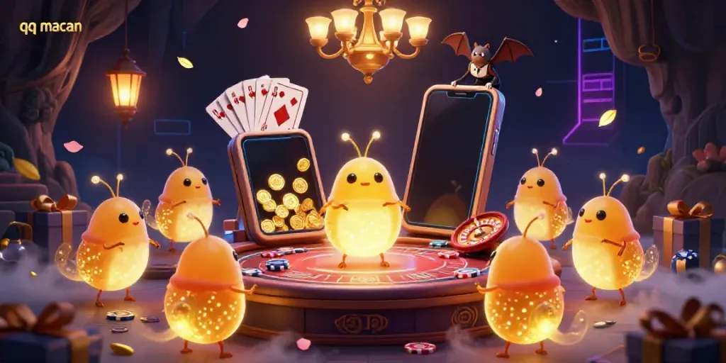 Experience an exciting cave casino scene with glowworms, poker elements, and a bat dealer in this qq macan illustration.