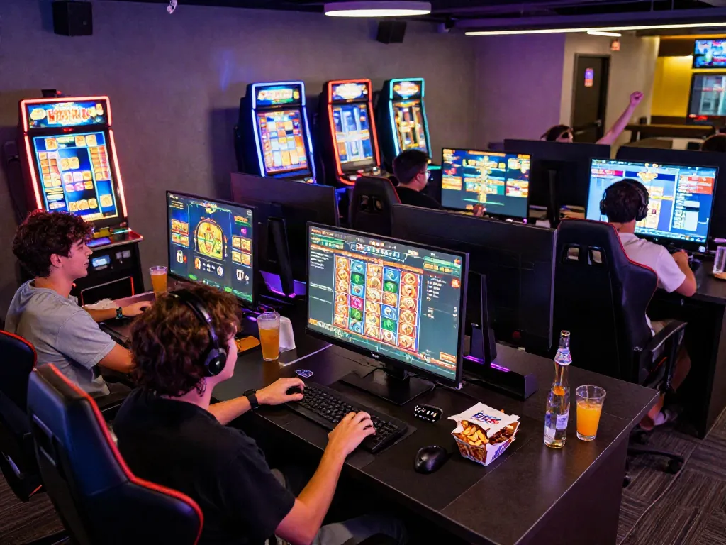 Players enjoying slot777 online games in a vibrant gaming lounge.