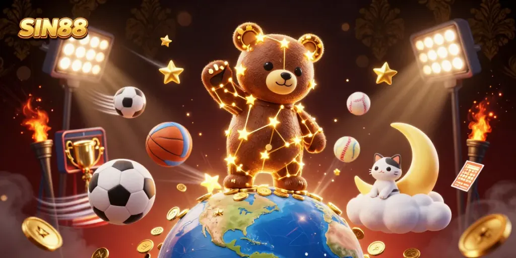 SIN88 engages players with a vibrant scene of casino excitement, featuring a constellation bear and dynamic sports elements.