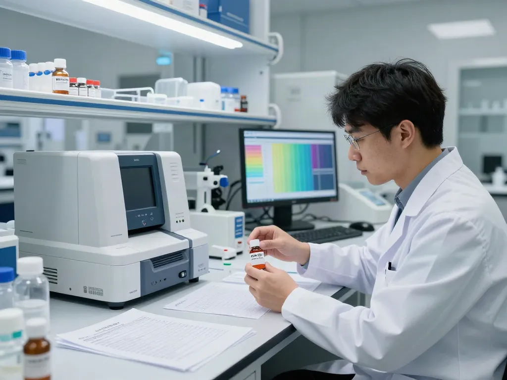 Focused scientist examining GLOW peptide blend for sale in a modern lab.