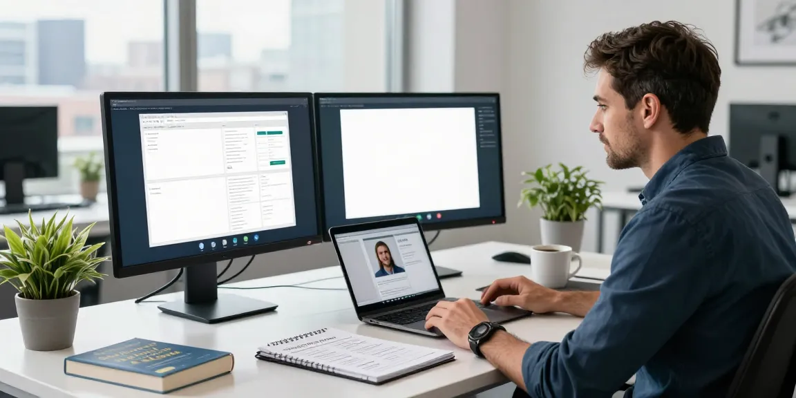 Michael Rustom Consultant in modern office workspace during client call, showcasing productivity with dual monitors and strategic notes.