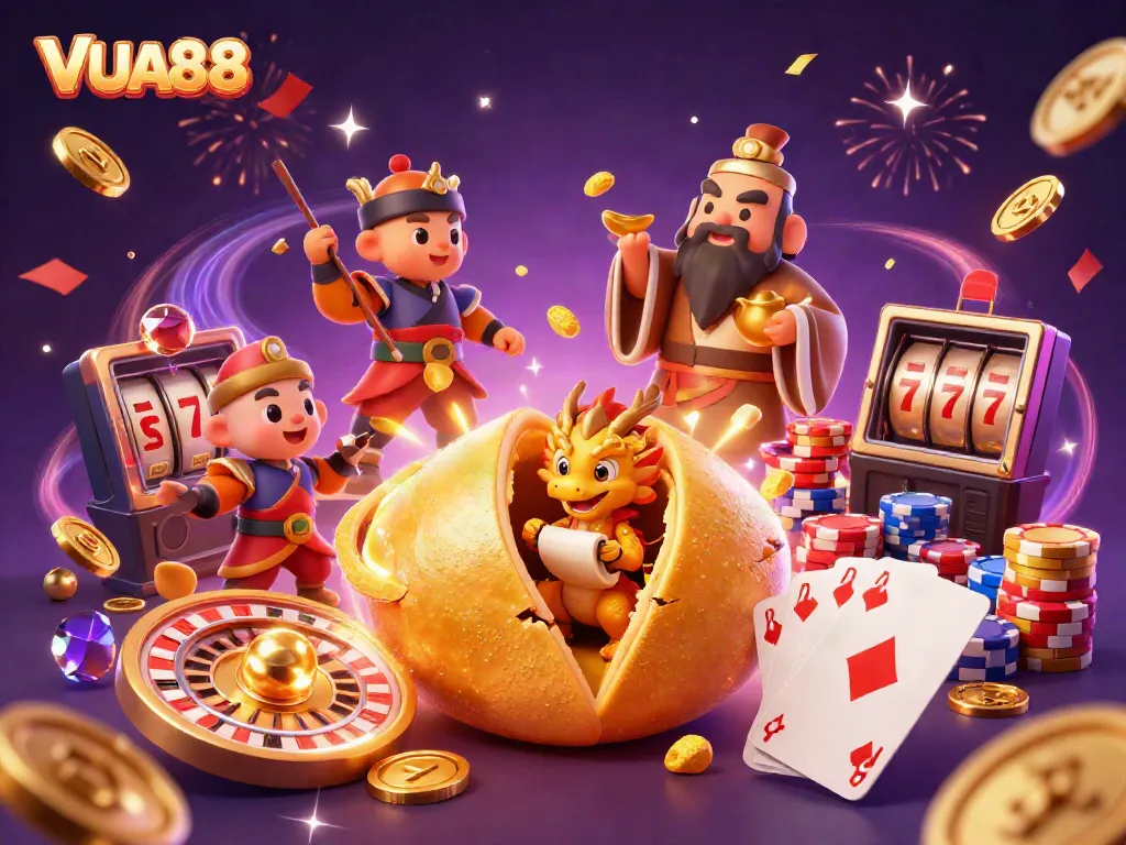 Engage with thrilling VUA88 casino adventures featuring dragons, golden coins, and festive elements.
