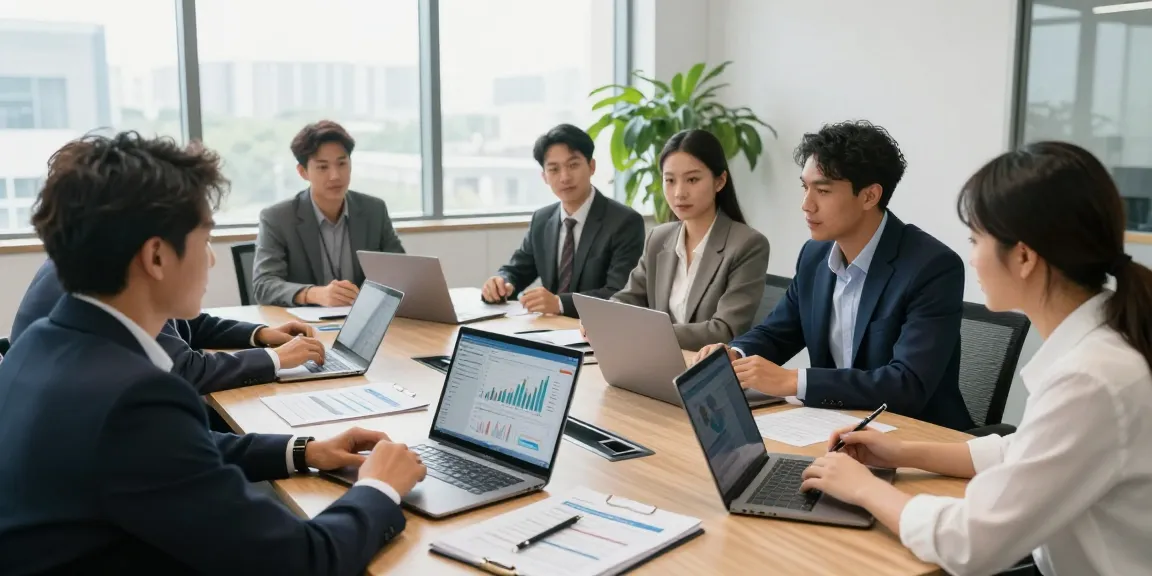 카드현금화 관련 회의 중인 다양한 전문가들 모습, 현대적 사무실 환경에서 혁신적인 분위기 조성