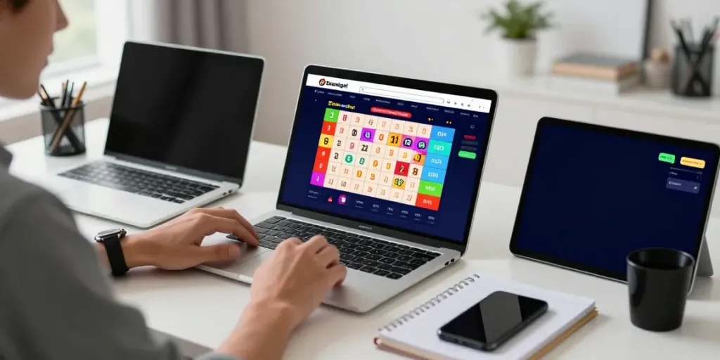 Pengguna Dewatogel Berinteraksi dengan Platform Togel Online di Meja Kerja Modern