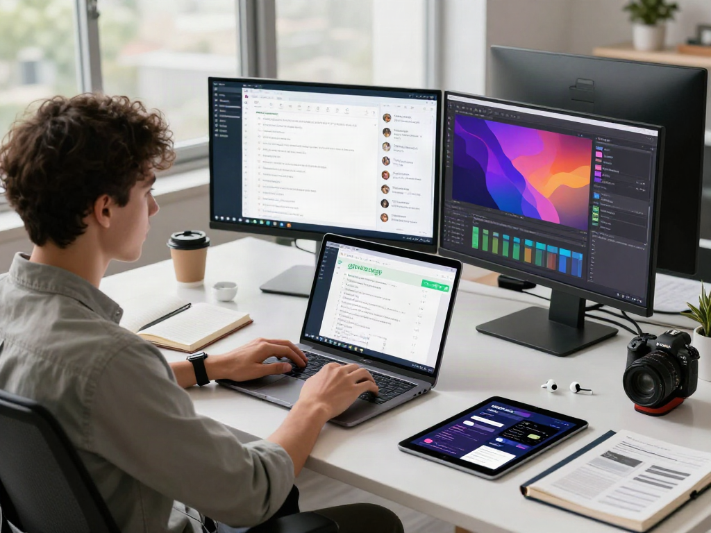 Using gbwhatsapp on a laptop in a modern tech workspace with vibrant screens and creative tools.