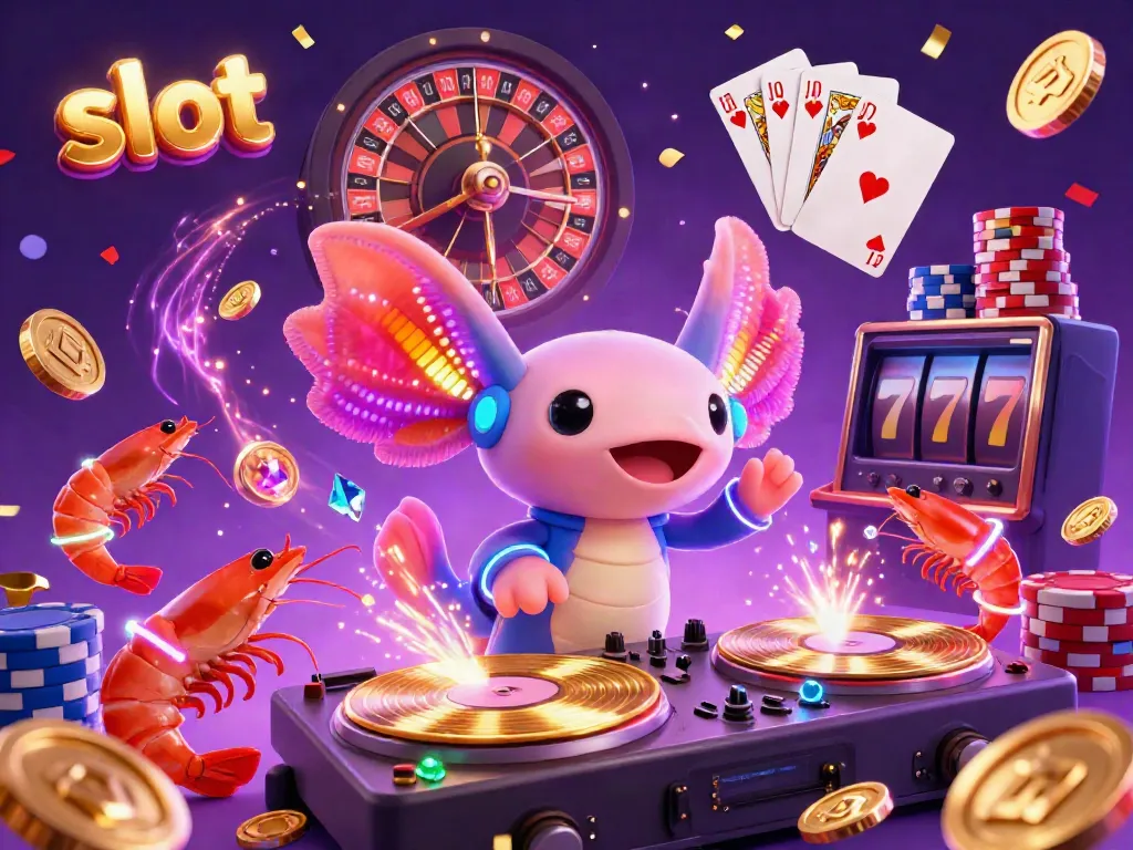 Slot mesin berwarna cerah dengan DJ axolotl neon dan pertunjukan meriah dari udang