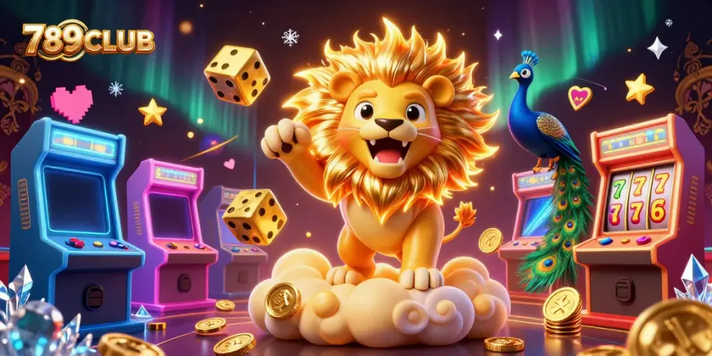 Engage with the vibrant 789CLUB universe, featuring a roaring lion, golden dice, and slot machines.