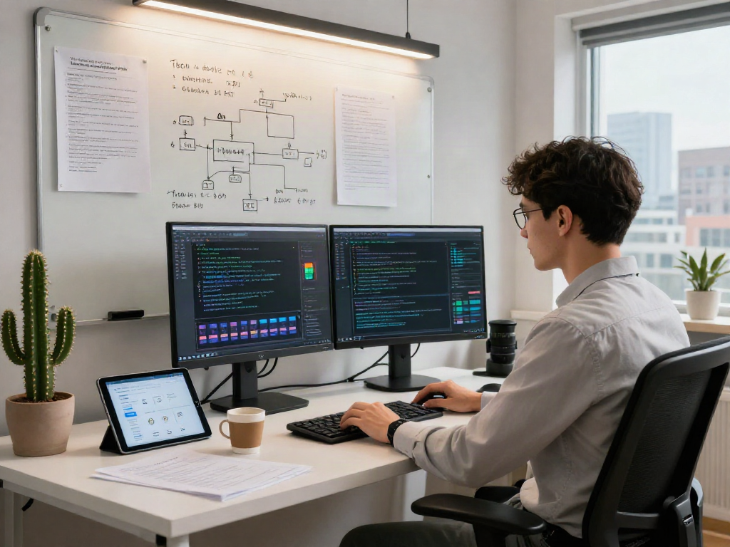 AI Detector workspace with researcher analyzing AI-generated content on dual monitors.