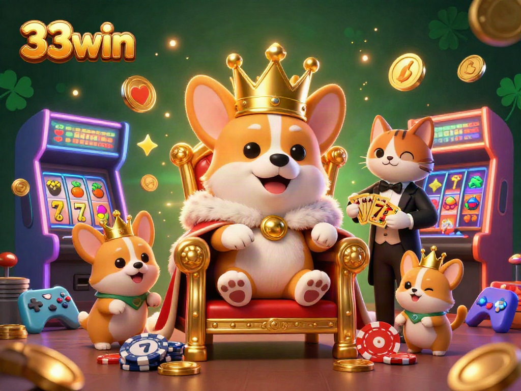 Engage with 33win's vibrant online casino scene featuring a royal corgi on a throne of poker chips.