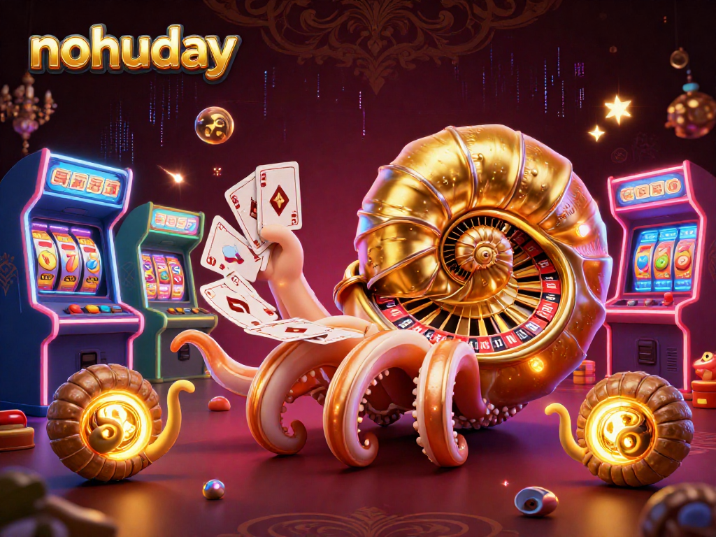 Nohuday showcases an exciting slot experience with a giant nautilus roulette wheel surrounded by glowing game machines.