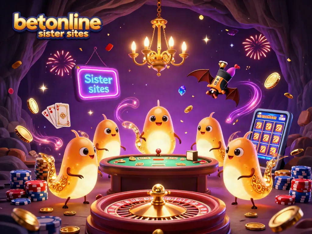 Experience the vibrant excitement of betonline sister sites at a lively cave casino illustrated with glowing characters and dynamic casino elements.