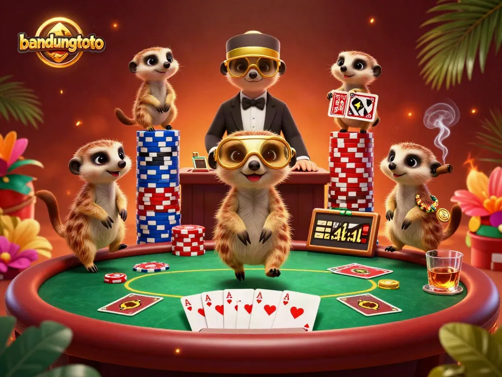 Experience the vibrant casino action of bandungtoto as meerkats deal cards and stack chips.