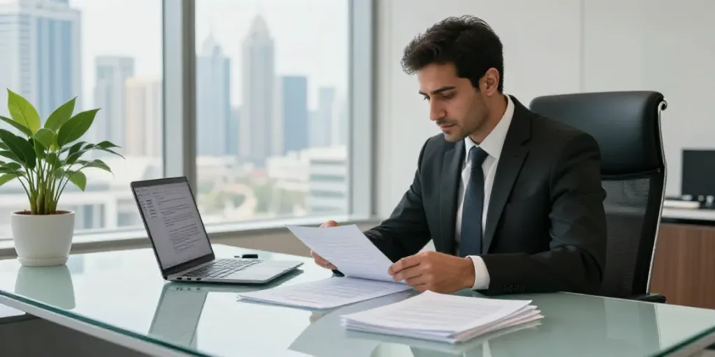 Contracts Drafting Services in Dubai showcased in a modern legal office with a lawyer reviewing a contract.