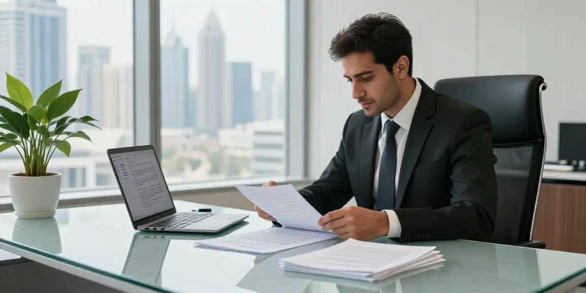 Contracts Drafting Services in Dubai showcased in a modern legal office with a lawyer reviewing a contract.