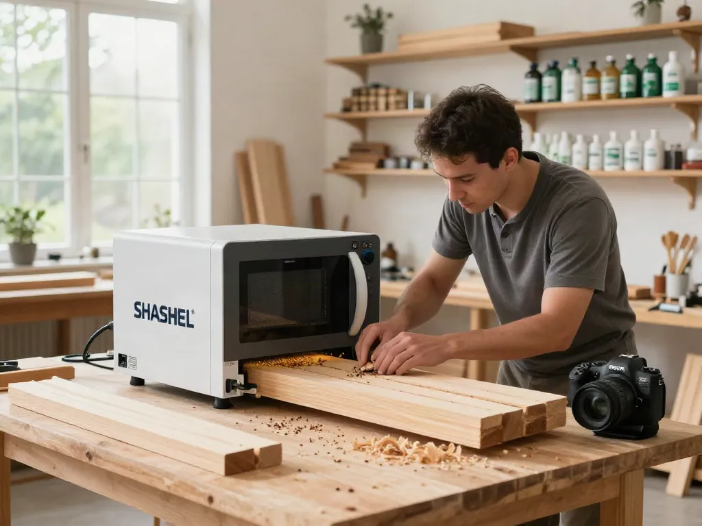 SHASHEL® microwave wood treatment equipment demonstrating effective insect elimination in a bright workshop.