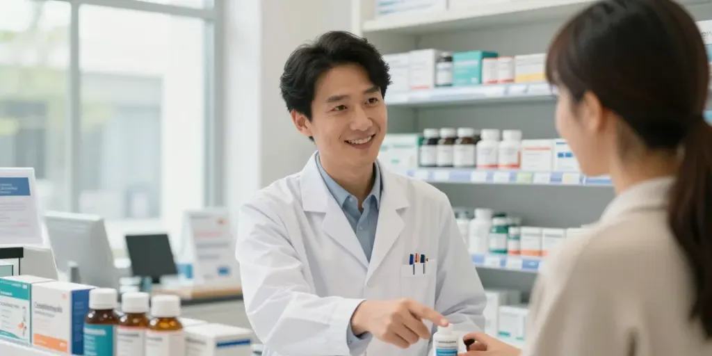 Cerebrolysin peptide buy consultation in pharmacy with pharmacist assisting customer.