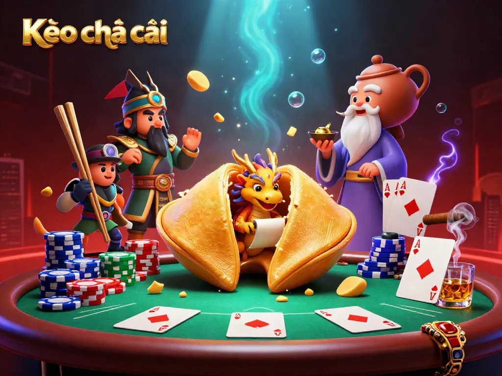 Bet on Kèo nhà cái with a vibrant scene featuring a giant fortune cookie and dynamic poker elements.