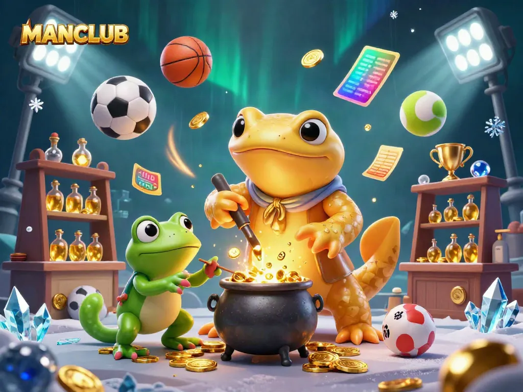 Engage in the vibrant world of MANCLUB with golden alchemists and dynamic sports elements in this 3D digital illustration.