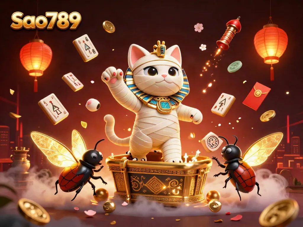 Sao789 brings excitement to life with a vibrant 3D illustration featuring a mummy cat amidst casino symbols.