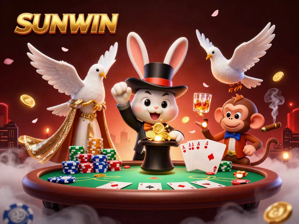 Experience the SUNWIN magic with a magician pulling coins, while fun characters enhance the gaming atmosphere.