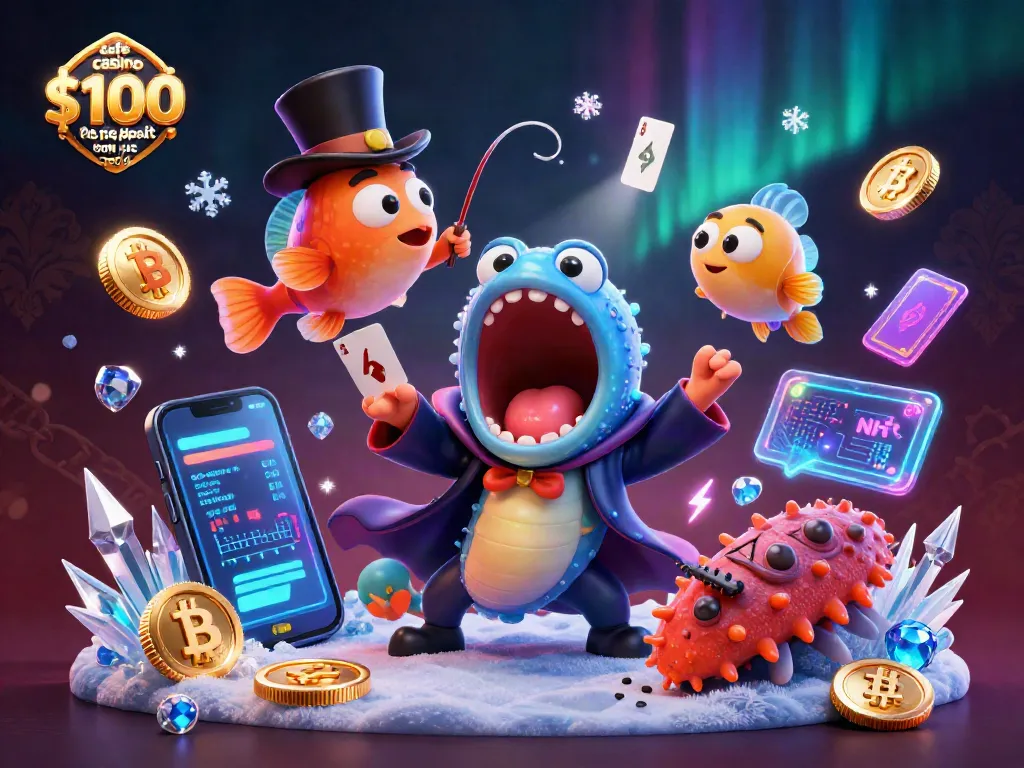 Engage with the cafe casino $100 no deposit bonus code through an imaginative illustration showcasing dynamic characters and crypto elements.