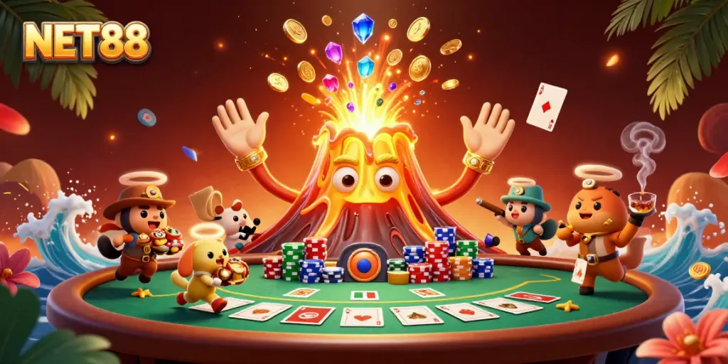 Experience thrilling gaming with NET88, as a golden volcano erupts with treasures amidst exciting poker elements.