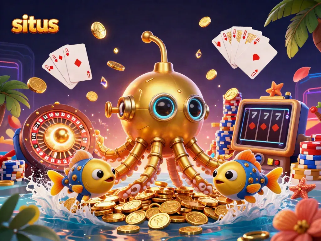 Experience thrilling gameplay on situs with the golden kraken amidst cascading coins and exciting casino elements.