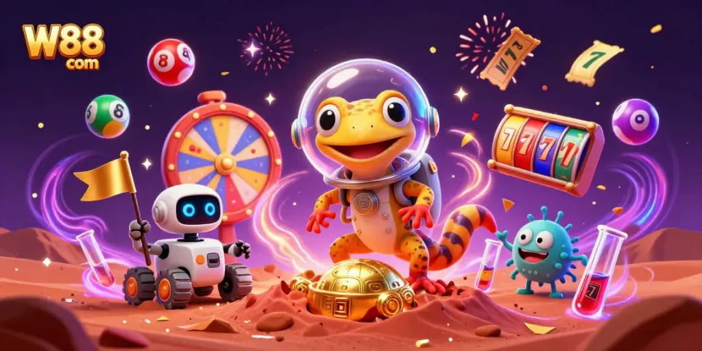 Experience exciting games at W88 com with a lively alien scene celebrating casino vibes.