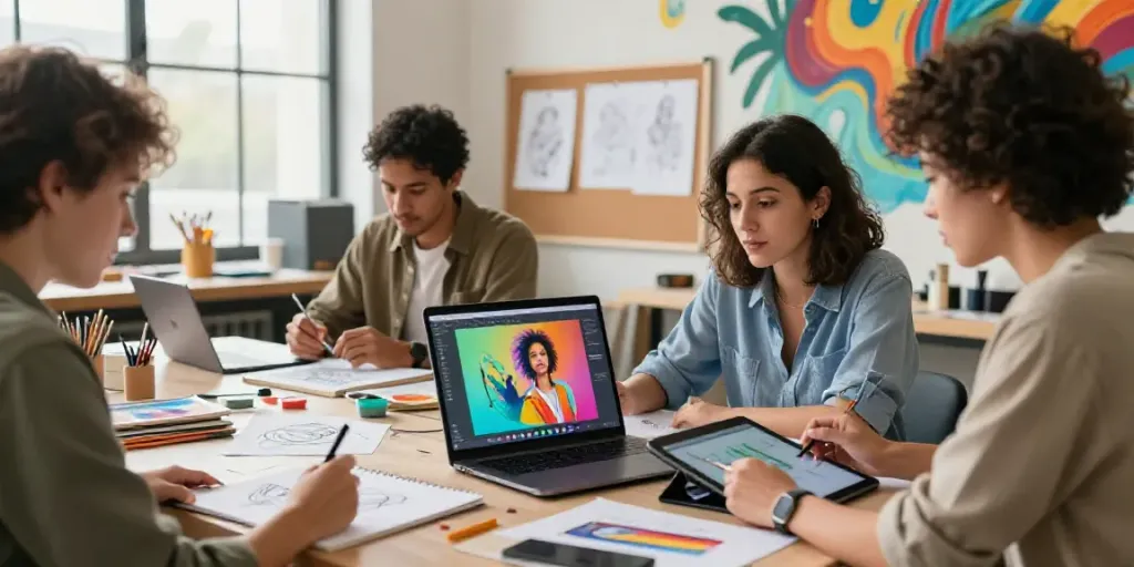 Artists using an affordable AI art generator in a creative studio