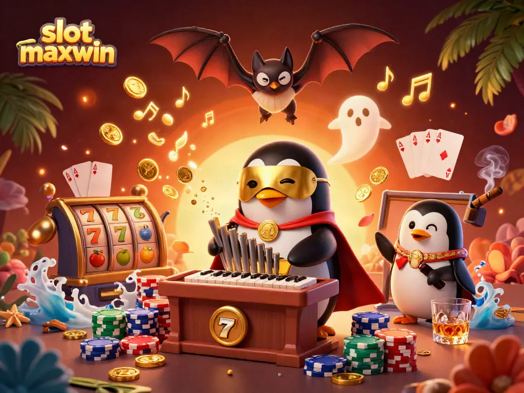 Experience slot maxwin action with a whimsical penguin in a casino-themed scene filled with vibrant slot elements.