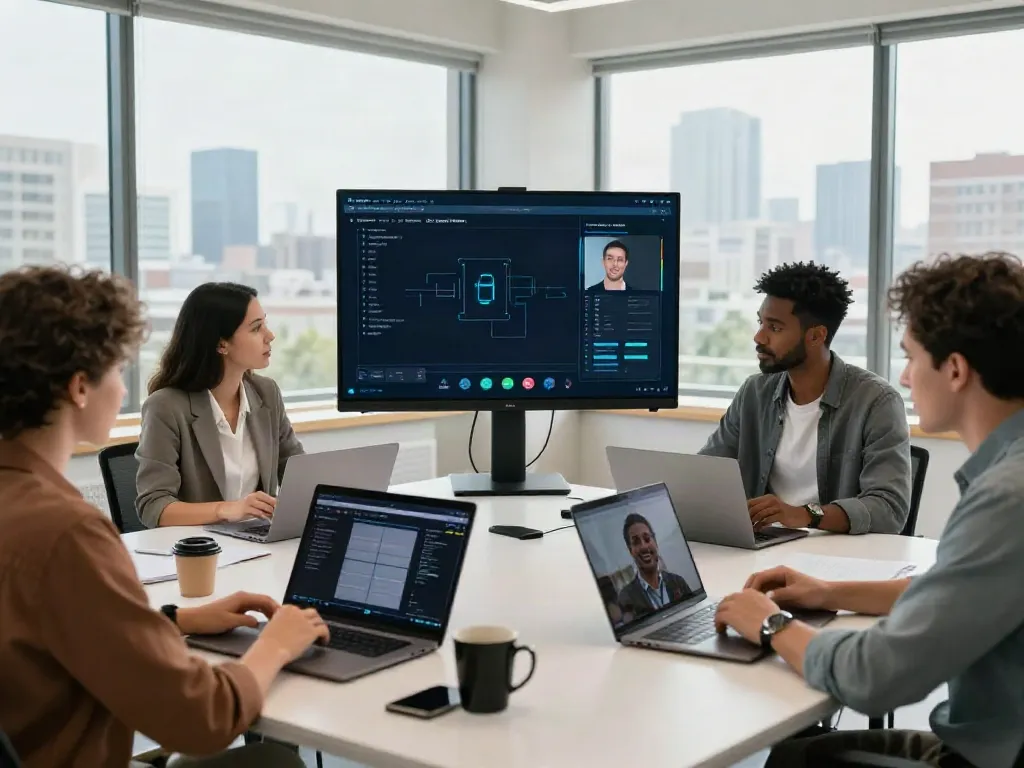 Deepfake free meetings with a diverse team using detection technology in a bright office.