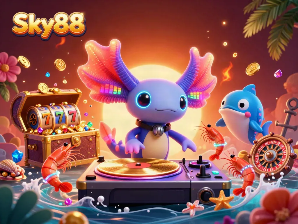 Join Sky88's vibrant underwater gaming world with DJs, treasures, and dynamic casino elements.