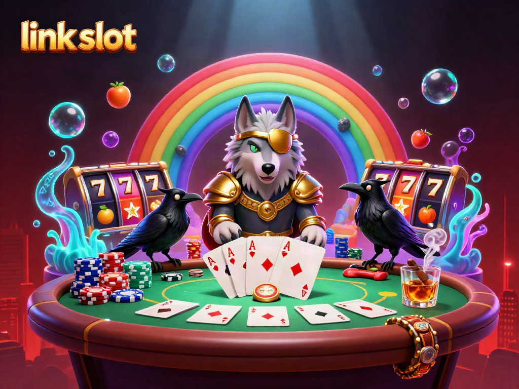 Spin the link slot reels adorned with fruits and lucky symbols in a vibrant casino scene.
